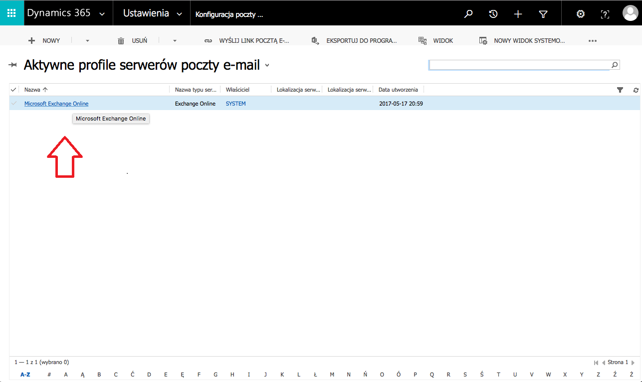 Widok listy profili serwerów email